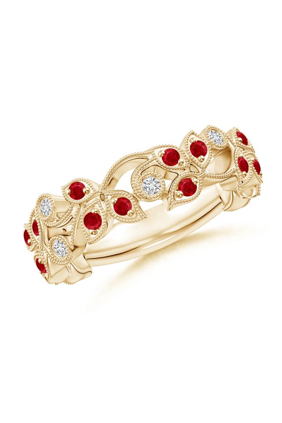 Natural Nature Inspired Round Ruby & Diamond Vine Ring in 14K Yellow Gold for Women (Size-1.5mm) | July Birthstone, Birthday, Anniversary, Jewelry Gift for Women | Natural Ruby Ring