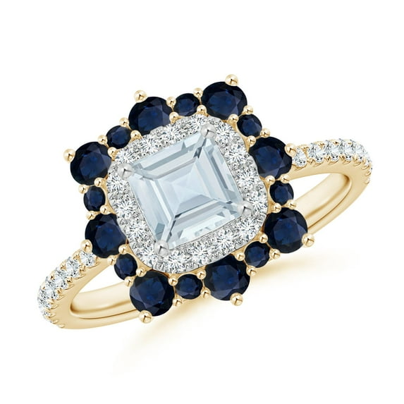 ANGARA Natural Square Aquamarine Two Tone Ring with Ornate Double Halo in 14K Yellow & White Gold for Women (Size-5mm) | March Birthstone, Anniversary Jewelry Gift for Women | Natural Aquamarine Ring