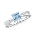 thumbnail image 1 of ANGARA Natural Square Aquamarine Crossover Shank Ring with Diamonds in 14K White Gold for Women (Size-5mm) | March Birthstone, Birthday, Anniversary, Jewelry Gift for Women | Natural Aquamarine Ring, 1 of 8