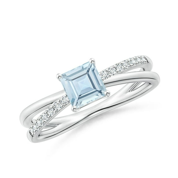 ANGARA Natural Square Aquamarine Crossover Shank Ring with Diamonds in 14K White Gold for Women (Size-5mm) | March Birthstone, Birthday, Anniversary, Jewelry Gift for Women | Natural Aquamarine Ring