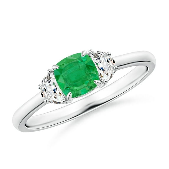 ANGARA Natural Cushion Emerald and Diamond Three Stone Ring in 14K White Gold for Women (Size-5mm) | May Birthstone, Birthday, Anniversary, Jewelry Gift for Women | Natural Emerald Ring