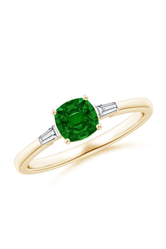 Natural Emerald Engagement Ring with Bar-Set Tapered Baguette Diamonds in 14K Yellow Gold for Women (Size-5mm) | May Birthstone, Anniversary, Jewelry Gift for Women | Natural Emerald Ring