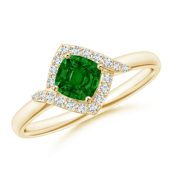 ANGARA Natural Cushion Emerald and Diamond Halo Promise Ring in 14K Yellow Gold for Women (Size-5mm) | May Birthstone, Birthday, Anniversary, Jewelry Gift for Women | Natural Emerald Ring