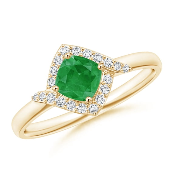 ANGARA Natural Cushion Emerald and Diamond Halo Promise Ring in 14K Yellow Gold for Women (Size-5mm) | May Birthstone, Birthday, Anniversary, Jewelry Gift for Women | Natural Emerald Ring