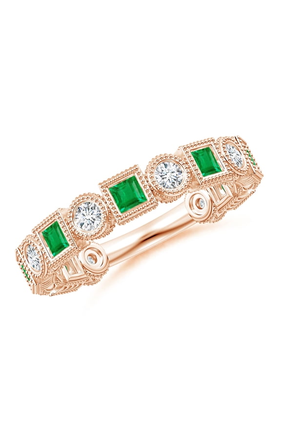 Natural Bezel-Set Square Emerald and Round Diamond Ring in 14K Rose Gold for Women (Size-2.5mm) | May Birthstone, Birthday, Anniversary, Jewelry Gift for Women | Natural Emerald Ring