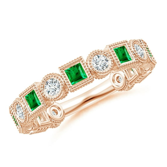 ANGARA Natural Bezel-Set Square Emerald and Round Diamond Ring in 14K Rose Gold for Women (Size-2.5mm) | May Birthstone, Birthday, Anniversary, Jewelry Gift for Women | Natural Emerald Ring