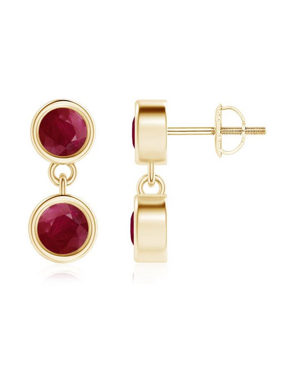 Natural Dangling Two Stone Ruby Earrings in 14K Yellow Gold for Women (Size-3.8mm) | July Birthstone, Birthday, Anniversary, Jewelry Gift for Women | Natural Ruby Earrings
