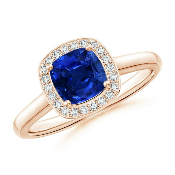 ANGARA Natural Cushion Blue Sapphire Ring with Diamond Halo in 14K Rose Gold for Women (Size-5mm) | September Birthstone, Birthday, Anniversary, Jewelry Gift for Women | Natural Blue Sapphire Ring