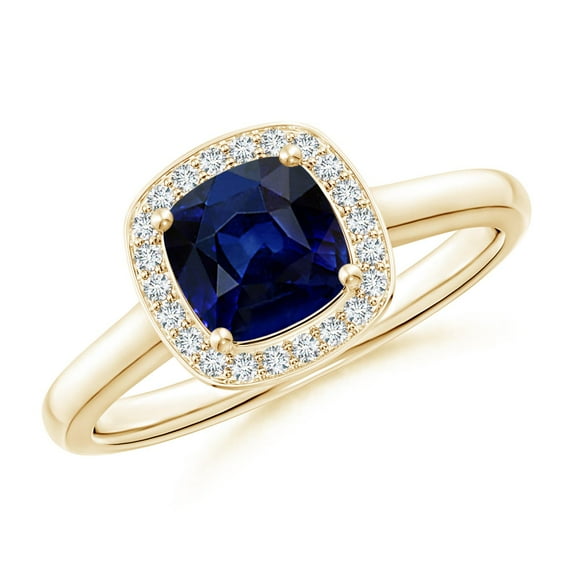 ANGARA Natural Cushion Blue Sapphire Ring with Diamond Halo in 14K Yellow Gold for Women (Size-5mm) | September Birthstone, Birthday, Anniversary, Jewelry Gift for Women | Natural Blue Sapphire Ring