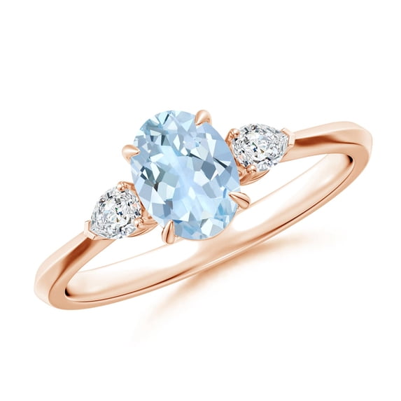 ANGARA Natural Oval Aquamarine and Pear Diamond Three Stone Engagement Ring in 14K Rose Gold for Women (Size-7x5mm) | March Birthstone, Anniversary, Jewelry Gift for Women | Natural Aquamarine Ring