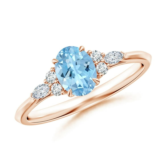 ANGARA Natural Oval Aquamarine Side Stone Engagement Ring with Diamonds in 14K Rose Gold for Women (Size-7x5mm) | March Birthstone, Anniversary, Jewelry Gift for Women | Natural Aquamarine Ring