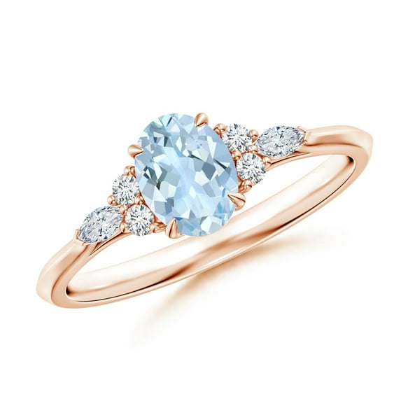 ANGARA Natural Oval Aquamarine Side Stone Engagement Ring with Diamonds in 14K Rose Gold for Women (Size-7x5mm) | March Birthstone, Anniversary, Jewelry Gift for Women | Natural Aquamarine Ring