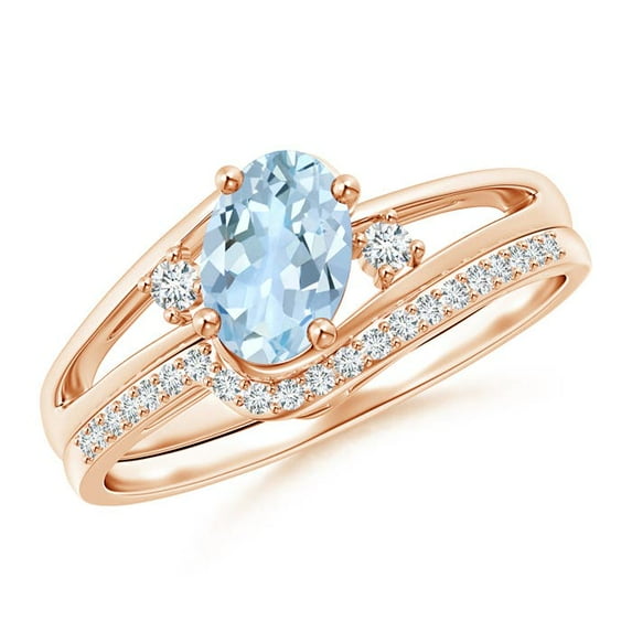 ANGARA Natural Oval Aquamarine and Diamond Bridal Set in 14K Rose Gold for Women (Size-7x5mm) | March Birthstone, Birthday, Anniversary, Jewelry Gift for Women | Natural Aquamarine Ring