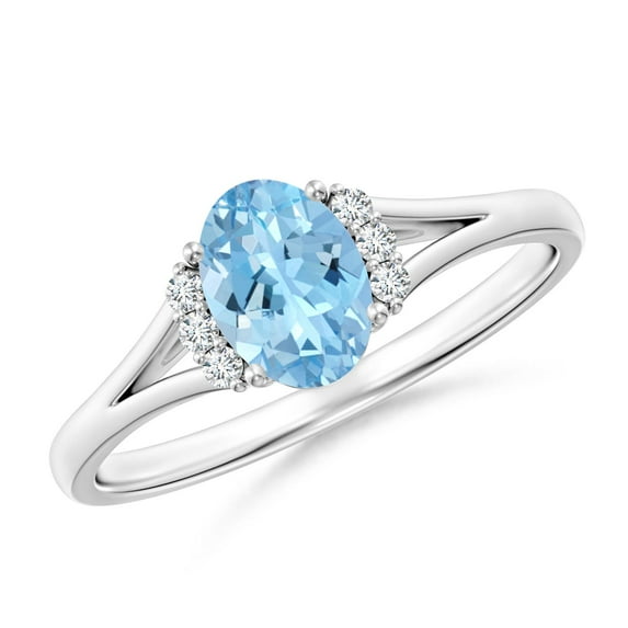 ANGARA Natural Oval Aquamarine with Diamond Collar Solitaire Engagement Ring in 14K White Gold for Women (Size-7x5mm) | March Birthstone, Anniversary, Jewelry Gift for Women | Natural Aquamarine Ring