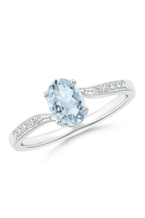 Natural Solitaire Oval Aquamarine Bypass Ring with Pave Diamonds in 14K White Gold for Women (Size-7x5mm) | March Birthstone, Anniversary, Jewelry Gift for Women | Natural Aquamarine Ring