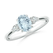 ANGARA Natural Oval Aquamarine and Pear Diamond Three Stone Engagement Ring in 14K White Gold for Women (Size-7x5mm) | March Birthstone, Anniversary, Jewelry Gift for Women | Natural Aquamarine Ring