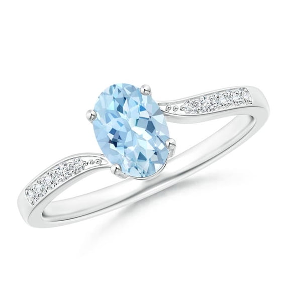 ANGARA Natural Solitaire Oval Aquamarine Bypass Ring with Pave Diamonds in 14K White Gold for Women (Size-7x5mm) | March Birthstone, Anniversary, Jewelry Gift for Women | Natural Aquamarine Ring