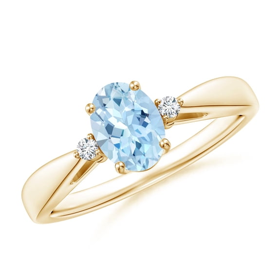 ANGARA Natural Tapered Shank Aquamarine Solitaire Ring with Diamond Accents in 14K Yellow Gold for Women (Size-7x5mm) | March Birthstone, Anniversary, Jewelry Gift for Women | Natural Aquamarine Ring