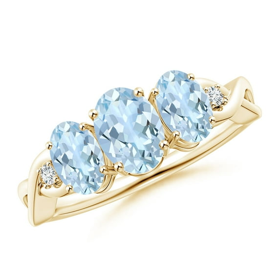 ANGARA Natural Oval Aquamarine Three Stone Criss-Cross Engagement Ring in 14K Yellow Gold for Women (Size-7x5mm) | March Birthstone, Anniversary, Jewelry Gift for Women | Natural Aquamarine Ring