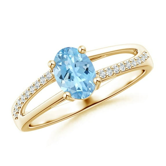 ANGARA Natural Oval Aquamarine Split Shank Ring with Diamond Accents in 14K Yellow Gold for Women (Size-7x5mm) | March Birthstone, Anniversary, Jewelry Gift for Women | Natural Aquamarine Ring