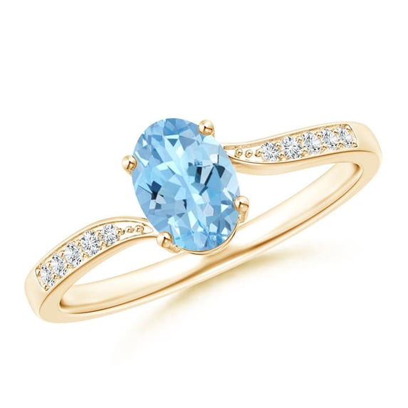 ANGARA Natural Solitaire Oval Aquamarine Bypass Ring with Pave Diamonds in 14K Yellow Gold for Women (Size-7x5mm) | March Birthstone, Anniversary, Jewelry Gift for Women | Natural Aquamarine Ring