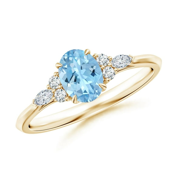 ANGARA Natural Oval Aquamarine Side Stone Engagement Ring with Diamonds in 14K Yellow Gold for Women (Size-7x5mm) | March Birthstone, Anniversary, Jewelry Gift for Women | Natural Aquamarine Ring