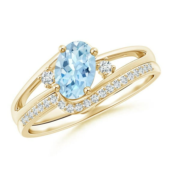 ANGARA Natural Oval Aquamarine and Diamond Bridal Set in 14K Yellow Gold for Women (Size-7x5mm) | March Birthstone, Birthday, Anniversary, Jewelry Gift for Women | Natural Aquamarine Ring