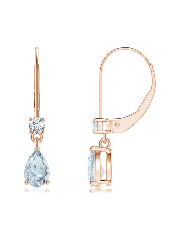 Natural Pear Aquamarine Leverback Drop Earrings with Diamond in 14K Rose Gold for Women (Size-6x4mm) | March Birthstone, Anniversary, Jewelry Gift for Women | Natural Aquamarine Earrings