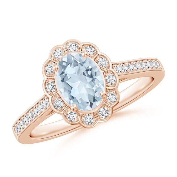 ANGARA Natural Vintage Style Aquamarine & Diamond Scalloped Halo Ring in 14K Rose Gold for Women (Size-7x5mm) | March Birthstone, Anniversary, Jewelry Gift for Women | Natural Aquamarine Ring