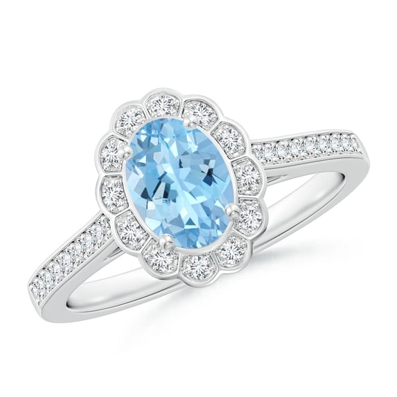 ANGARA Natural Vintage Style Aquamarine & Diamond Scalloped Halo Ring in 14K White Gold for Women (Size-7x5mm) | March Birthstone, Anniversary, Jewelry Gift for Women | Natural Aquamarine Ring