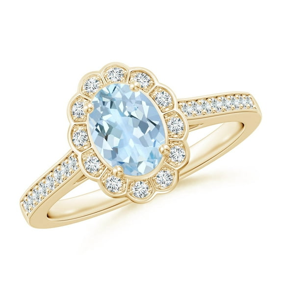 Angara Natural 0.6 Ct. Aquamarine with Diamond Halo Ring in 14K Yellow Gold for Women (Ring Size: 11.5)
