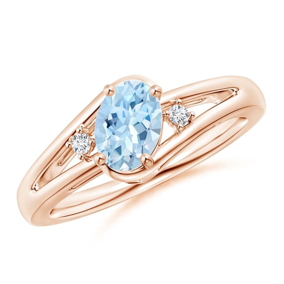 ANGARA Natural Aquamarine and Diamond Split Shank Ring in 14K Rose Gold for Women (Size-7x5mm) | March Birthstone, Birthday, Anniversary, Jewelry Gift for Women | Natural Aquamarine Ring