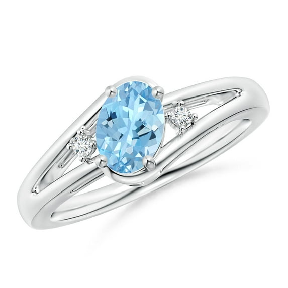 ANGARA Natural Aquamarine and Diamond Split Shank Ring in 14K White Gold for Women (Size-7x5mm) | March Birthstone, Birthday, Anniversary, Jewelry Gift for Women | Natural Aquamarine Ring