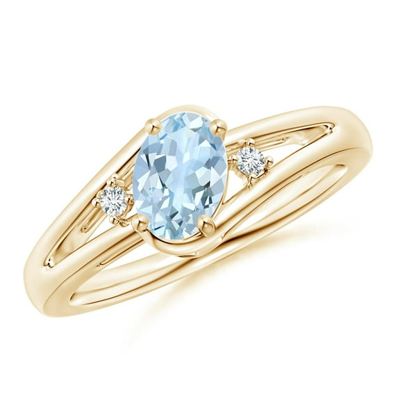 ANGARA Natural Aquamarine and Diamond Split Shank Ring in 14K Yellow Gold for Women (Size-7x5mm) | March Birthstone, Birthday, Anniversary, Jewelry Gift for Women | Natural Aquamarine Ring