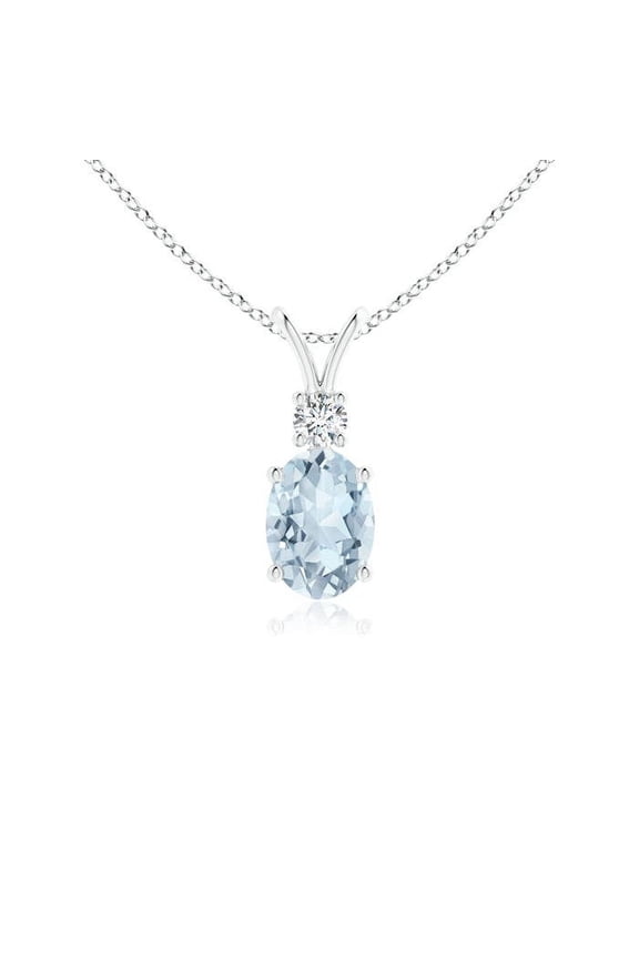 Natural V-Bale Aquamarine Solitaire Pendant with Diamond in 925 Sterling Silver for Women (Size-7x5mm) | March Birthstone, Anniversary, Jewelry Gift for Women | Natural Aquamarine Necklace