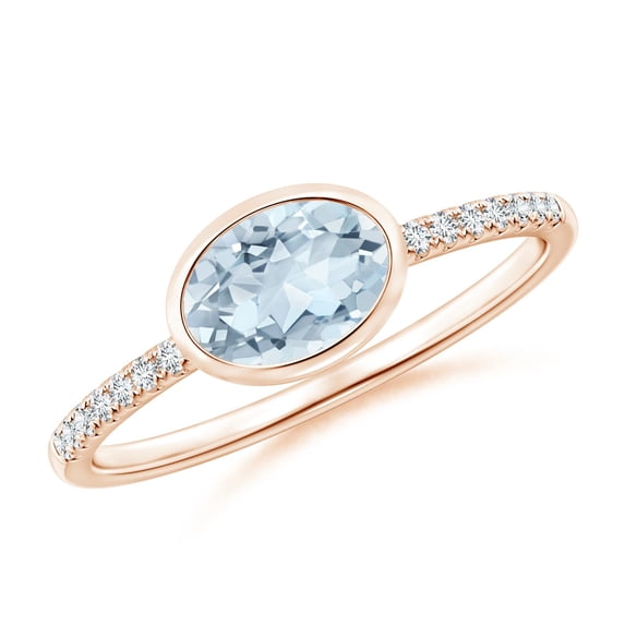 ANGARA Natural East-West Bezel-Set Oval Aquamarine and Diamond Ring in 14K Rose Gold for Women (Size-7x5mm) | March Birthstone, Birthday, Anniversary, Jewelry Gift for Women | Natural Aquamarine Ring