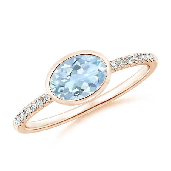 ANGARA Natural East-West Bezel-Set Oval Aquamarine and Diamond Ring in 14K Rose Gold for Women (Size-7x5mm) | March Birthstone, Birthday, Anniversary, Jewelry Gift for Women | Natural Aquamarine Ring