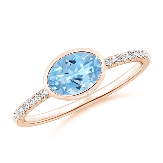 ANGARA Natural East-West Bezel-Set Oval Aquamarine and Diamond Ring in 14K Rose Gold for Women (Size-7x5mm) | March Birthstone, Birthday, Anniversary, Jewelry Gift for Women | Natural Aquamarine Ring