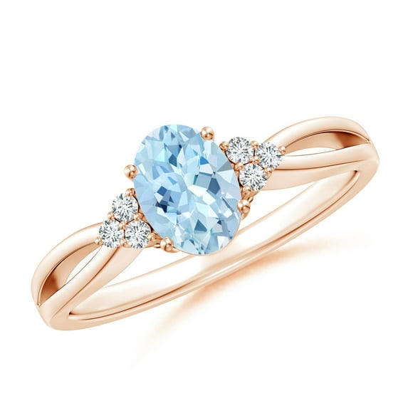 ANGARA Natural Solitaire Oval Aquamarine Split Shank Ring with Trio Diamonds in 14K Rose Gold for Women (Size-7x5mm) | March Birthstone, Anniversary, Jewelry Gift for Women | Natural Aquamarine Ring