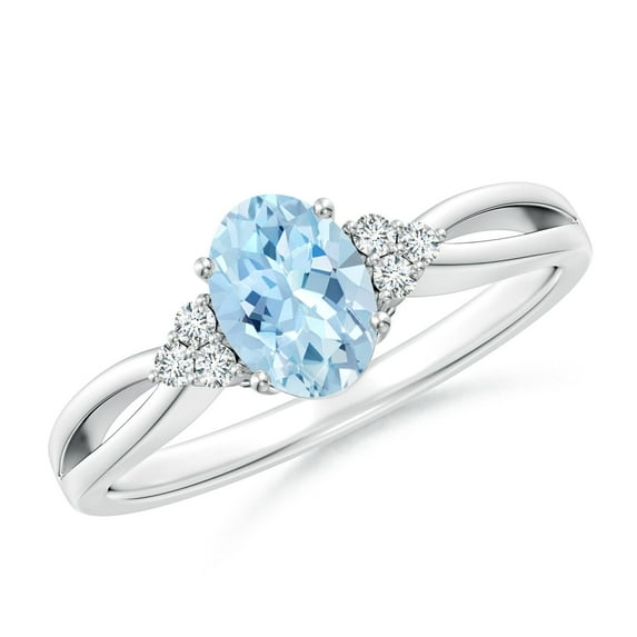 ANGARA Natural Solitaire Oval Aquamarine Split Shank Ring with Trio Diamonds in 14K White Gold for Women (Size-7x5mm) | March Birthstone, Anniversary, Jewelry Gift for Women | Natural Aquamarine Ring