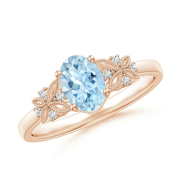 ANGARA Natural Vintage Style Oval Aquamarine Ring with Diamonds in 14K Rose Gold for Women (Size-7x5mm) | March Birthstone, Birthday, Anniversary, Jewelry Gift for Women | Natural Aquamarine Ring