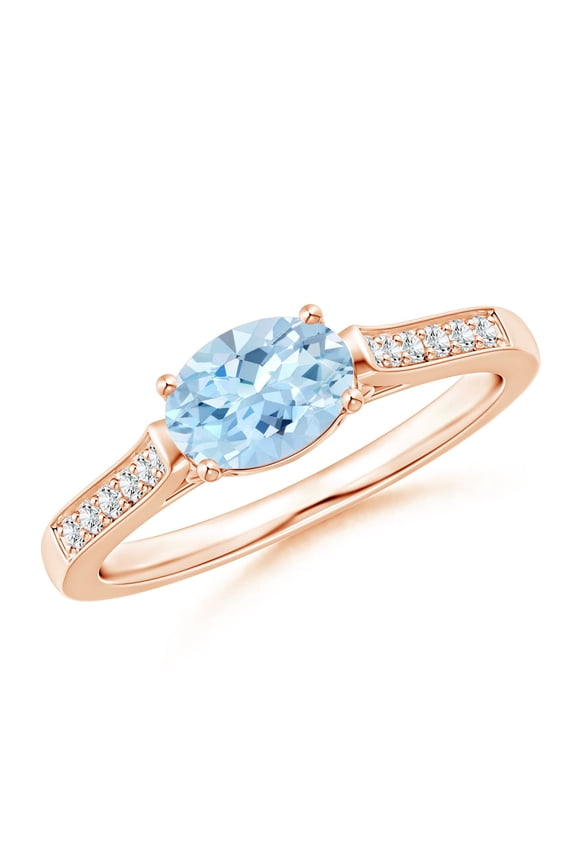 Natural Oval Aquamarine Solitaire Ring with Diamonds in 14K Rose Gold for Women (Size-7x5mm) | March Birthstone, Birthday, Anniversary, Jewelry Gift for Women | Natural Aquamarine Ring