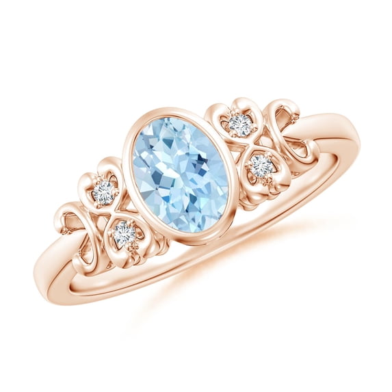 ANGARA Natural Vintage Style Bezel-Set Oval Aquamarine Ring with Diamonds in 14K Rose Gold for Women (Size-7x5mm) | March Birthstone, Anniversary, Jewelry Gift for Women | Natural Aquamarine Ring