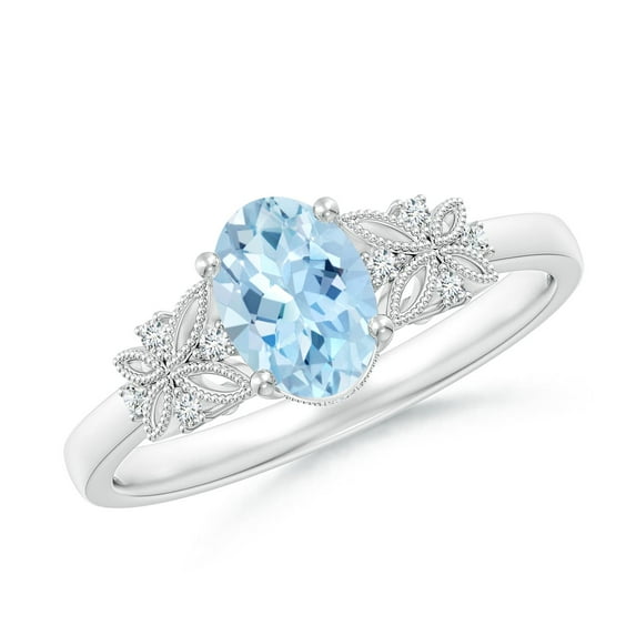 ANGARA Natural Vintage Style Oval Aquamarine Ring with Diamonds in 14K White Gold for Women (Size-7x5mm) | March Birthstone, Birthday, Anniversary, Jewelry Gift for Women | Natural Aquamarine Ring