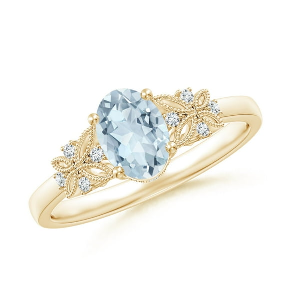 ANGARA Natural Vintage Style Oval Aquamarine Ring with Diamonds in 14K Yellow Gold for Women (Size-7x5mm) | March Birthstone, Birthday, Anniversary, Jewelry Gift for Women | Natural Aquamarine Ring