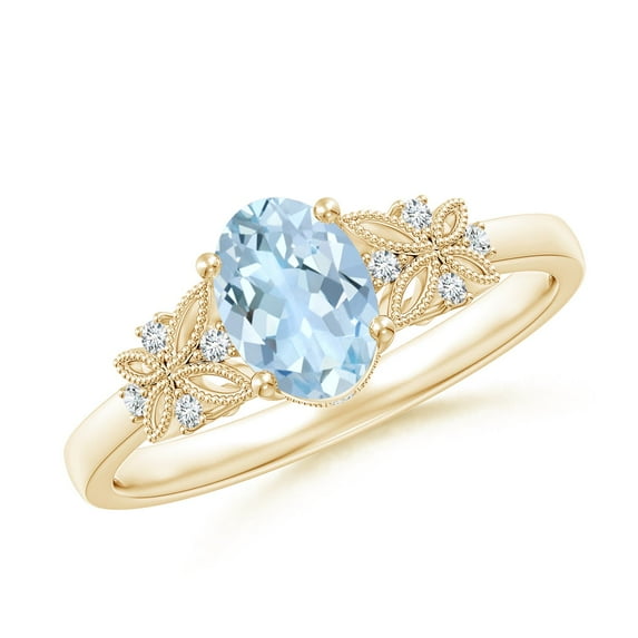 ANGARA Natural Vintage Style Oval Aquamarine Ring with Diamonds in 14K Yellow Gold for Women (Size-7x5mm) | March Birthstone, Birthday, Anniversary, Jewelry Gift for Women | Natural Aquamarine Ring