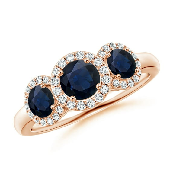 ANGARA Natural Round Sapphire Three Stone Halo Ring with Diamonds in 14K Rose Gold for Women (Size-5mm) | September Birthstone, Anniversary, Jewelry Gift for Women | Natural Blue Sapphire Ring