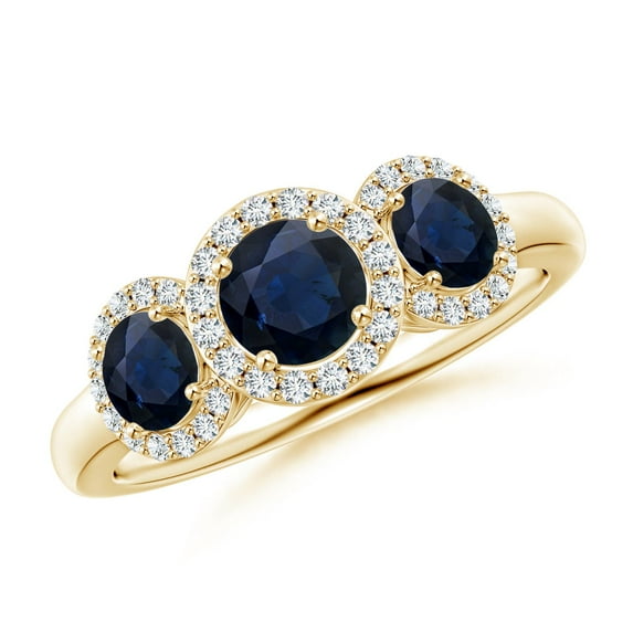 ANGARA Natural Round Sapphire Three Stone Halo Ring with Diamonds in 14K Yellow Gold for Women (Size-5mm) | September Birthstone, Anniversary, Jewelry Gift for Women | Natural Blue Sapphire Ring