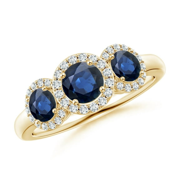 ANGARA Natural Round Sapphire Three Stone Halo Ring with Diamonds in 14K Yellow Gold for Women (Size-5mm) | September Birthstone, Anniversary, Jewelry Gift for Women | Natural Blue Sapphire Ring