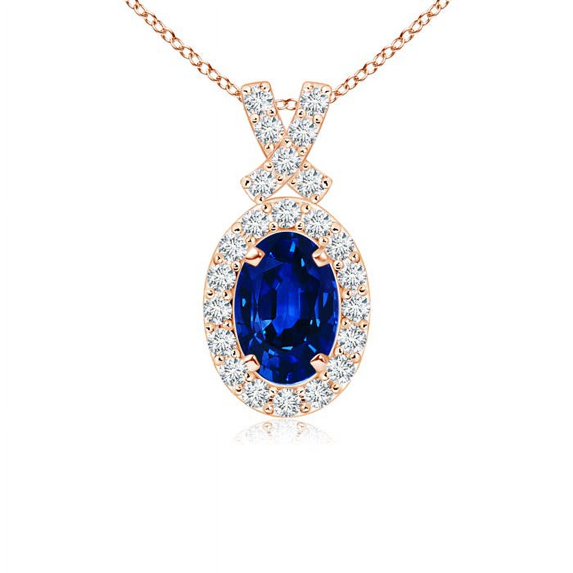 ANGARA Natural Vintage Style Sapphire Pendant with Diamond Halo in 14K Rose Gold for Women (Size-6x4mm) | September Birthstone, Anniversary, Jewelry Gift for Women | Natural Blue Sapphire Necklace